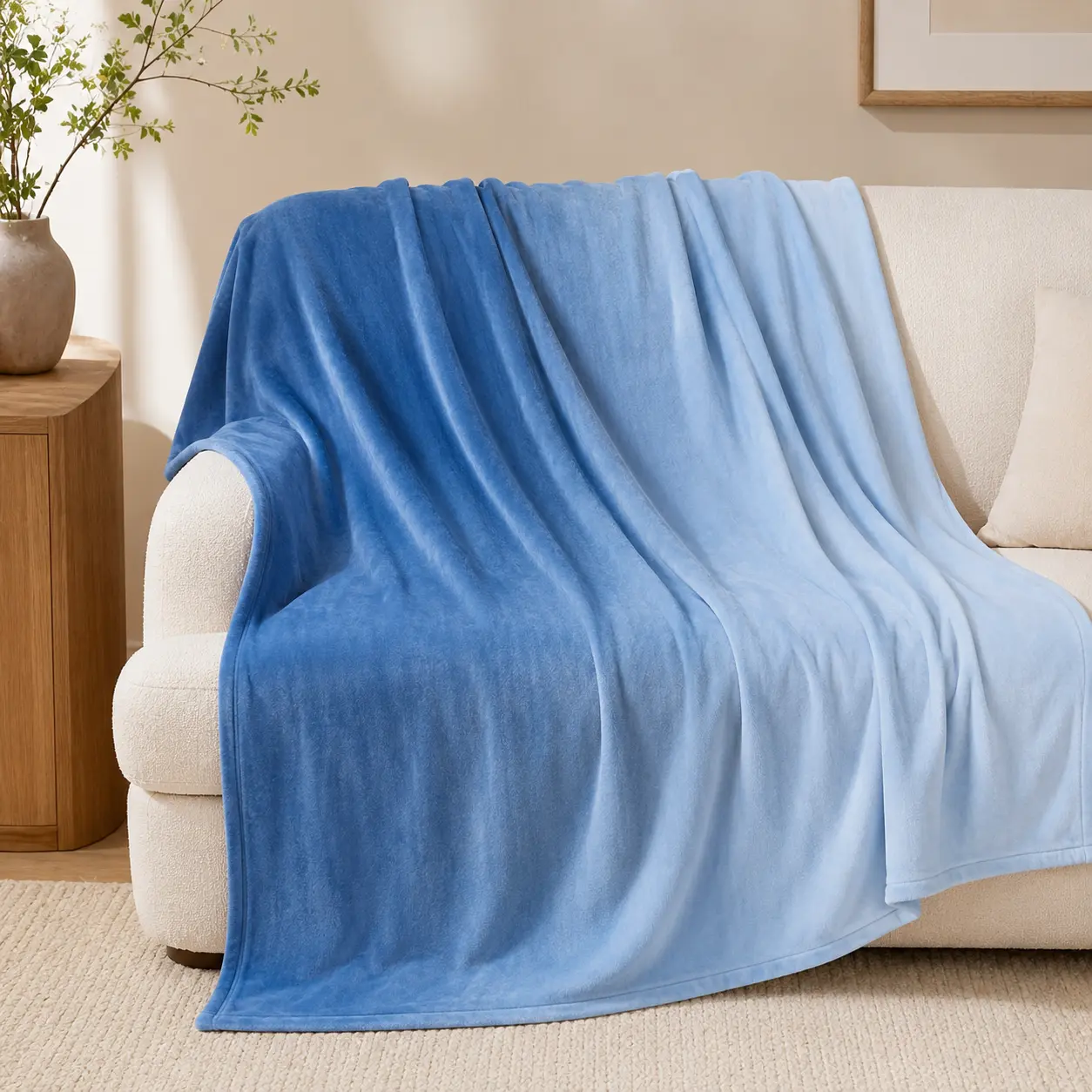 Blue Ombre Flannel Throw Blanket, Soft Lightweight 1-Sided Printed with White Reverse, Light to Dark Blue Gradient Cozy for Adults & Kids, Couch Bed Home Decor Gift