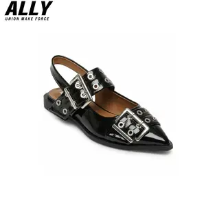 ALLY Womens Edgy Punk Flats Double Buckle Slingback | Trendy Grunge Streetwear Y2K Rockstar Patent Leather Pointed Toe Shoes | for Night Out & Casual Outfits