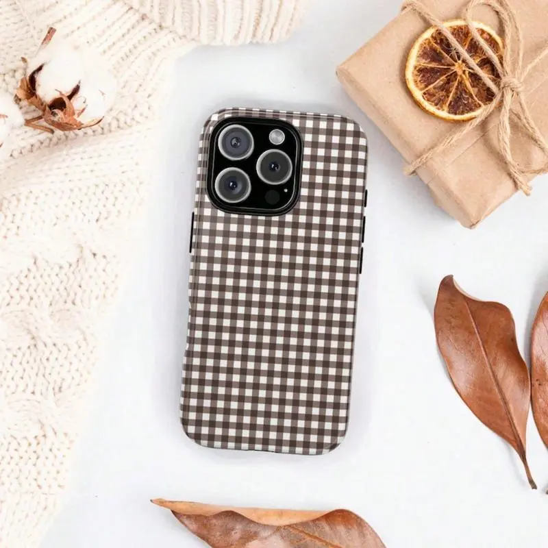 Plaid pattern phone case compatible with iPhone 16, 15, 14 Pro Max, 13, 12, 11 Pro Max | Adorable dark coffee brown autumn design, providing shockproof and drop protection, making it the perfect gift for family, friends, and loved ones.