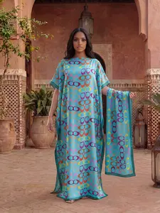 Women's Elegant Geometric Print Robe Set, Fitted Long Dress & Scarf Headband, Beach Sun Protection Satin Silk Shawl, All Seasons