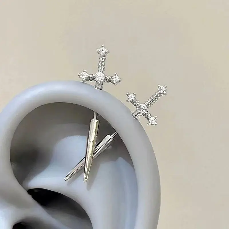 Sword Shaped Rhinestone Cross Earrings For Women Men Punk Zircon Floating Helix Piercing Ear Cartilage Jewelry Couple Gifts