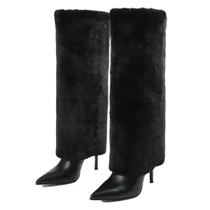 Women's  Faux Fur Knee-High Boots Pointed Toe Stiletto Heels Zipper Closure Fashion Statement Boots for Winter Party Night Out Trendy Street Style Footwear autumn warm walking shoe