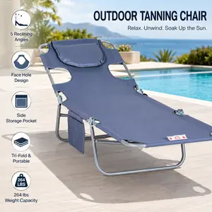 Elon Tanning Chair Beach Lounge Chair with Face Hole and Arm Slots 5 Level Adjustable Gray Sun Lounger Folding Portable Patio Furniture Summer Must Haves for Outdoor Sunbathing Backyard Garden Vacation and Pool Essentials