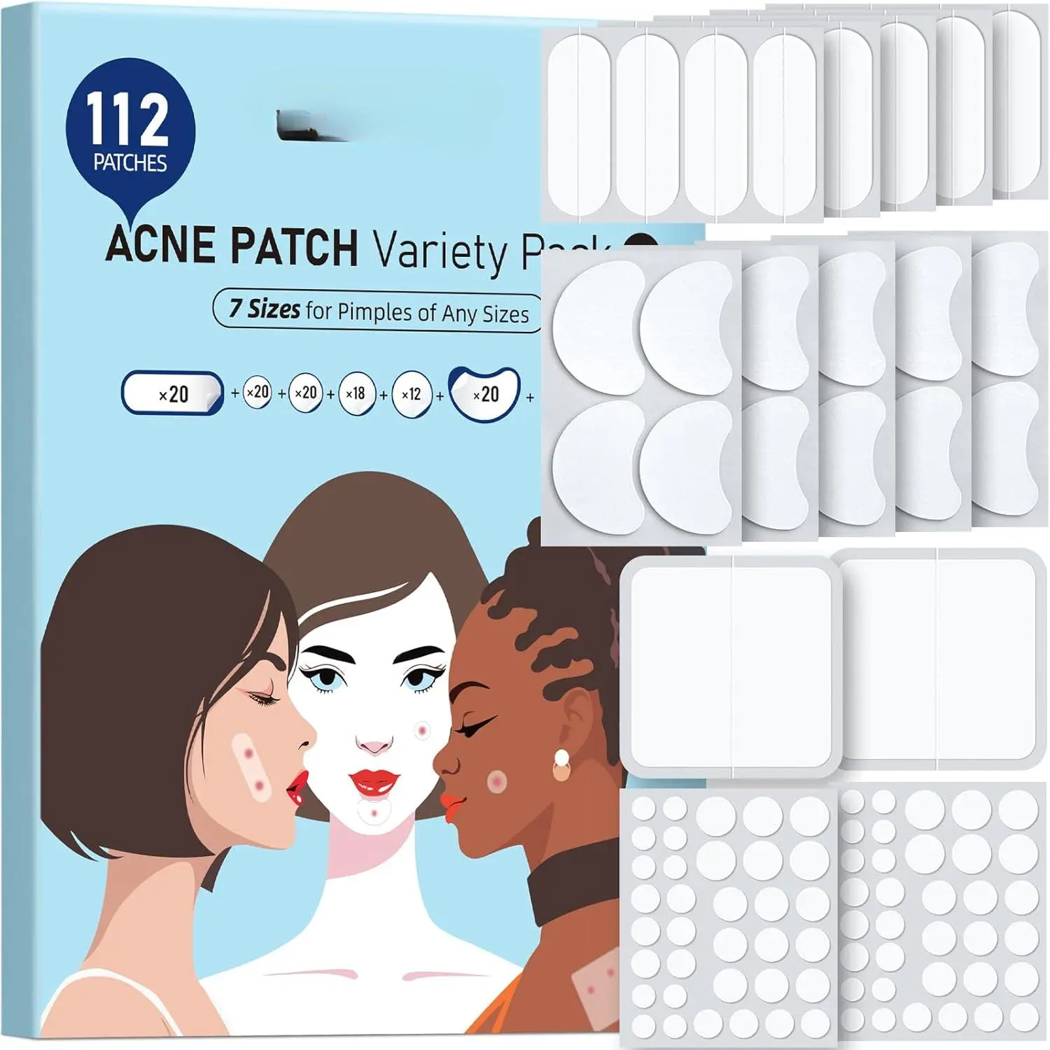 Large Pimple Patches (7 Sizes 112 Counts), Big Acne Patches, XL Hydrocolloid Bandages for Full Face, Forehead, Chin, Nose, Body, Back, Neck & Chest, Oval, Moon, Square hydrocolloid Patch