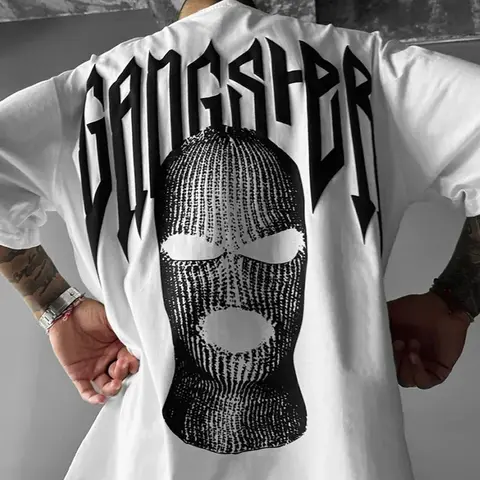Men's Letter & Mask Print Drop Shoulder Loose Baggy Graphic Tee, Streetwear Street Fashion Casual Soft Comfy Short Sleeve Round Neck T-Shirt for Daily Wear, Menswear for All Seasons