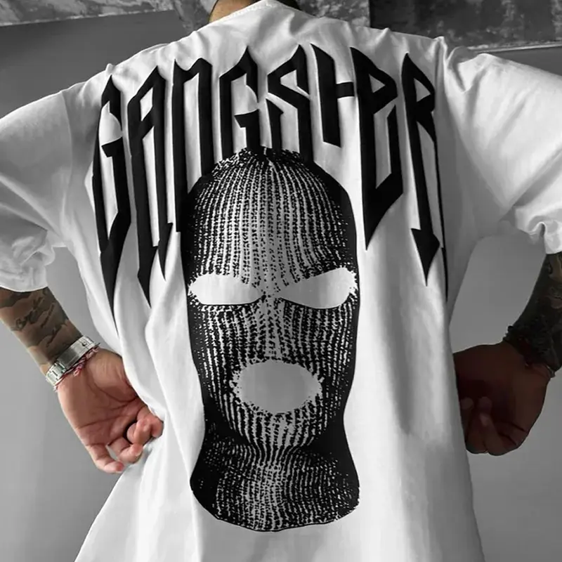 Men's Letter & Mask Print Drop Shoulder Loose Baggy Graphic Tee, Streetwear Street Fashion Casual Soft Comfy Short Sleeve Round Neck T-Shirt for Daily Wear, Menswear for All Seasons