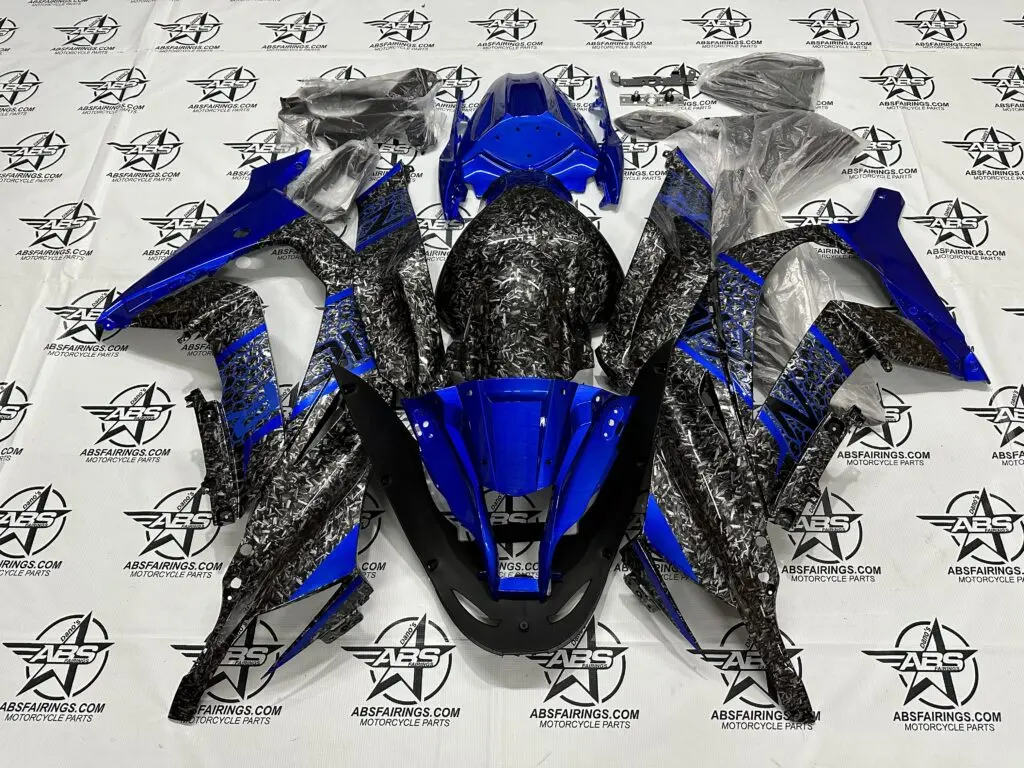 Gloss Forged Carbon Fiber Aftermarket Fairings with Blue Accents - 2011-2015 ZX10R Biker Motorcycle Parts 2, Ready To Ship from Florida