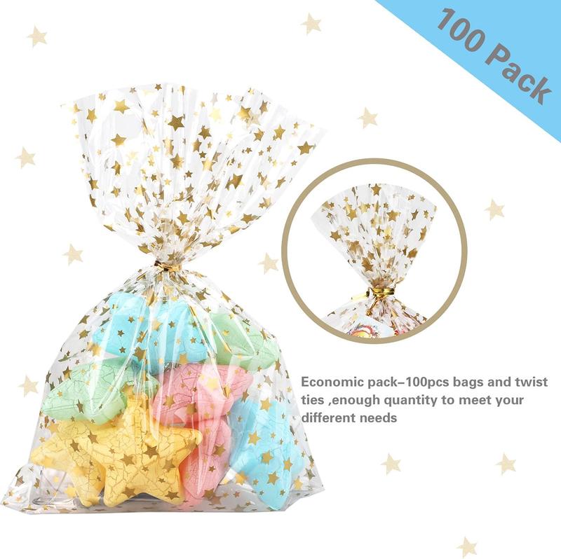 100 Pcs Star Printed 5"X 7" Gift Wrap Cello Cellophane Treat Bags Party Favor bags Clear Candy Cookie Bag Plastic Poly Goodie Storage Bag with Twist Ties for Bakery,Birthday, Wedding ,Party Decorations (Gold)