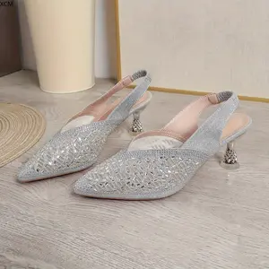 Womens Slingback Kitten Heels Closed Pointed Toe Rhinestone Knitted Slip On Work Pumps Dress Shoes