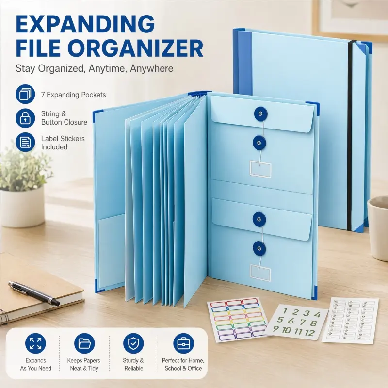 Portable Multi-Slot Blue Accordion Folder with Labels - Office Desk Organizer for Personal Paper Storage