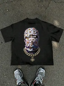 SCHME Floral Balaclava Ski Mask Graphic T-Shirt | Streetwear Y2K Aesthetic | Hip Hop Urban Fashion | Trendy Oversized Fit for Men & Women | Viral Aesthetic Top for Street Style, Festival Outfits, and Casual Wear