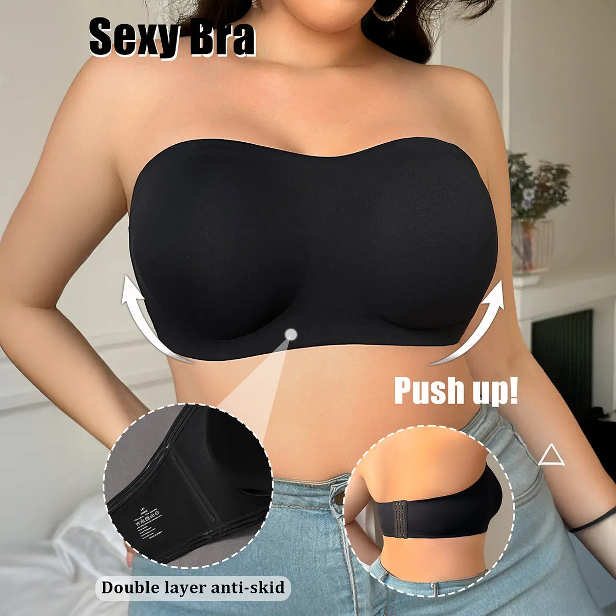 Push Up Bandeau Bra with Non-Slip Adhesive Tape,Elegant Anti-Sagging Wireless Strapless Everyday Underwear,Adjustable Multi-Row Back Closure,Plus Size Invisible Bra for Daily Wear,Fit jelly bra for women Strapless Bralette balconette Backless Set