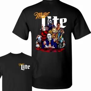 Horror Characters Chilling Cheer Lite .For Women.Miller Lite Halloween 2 Sides . Graphic MillerMyersGift For Men Tee T Shirt