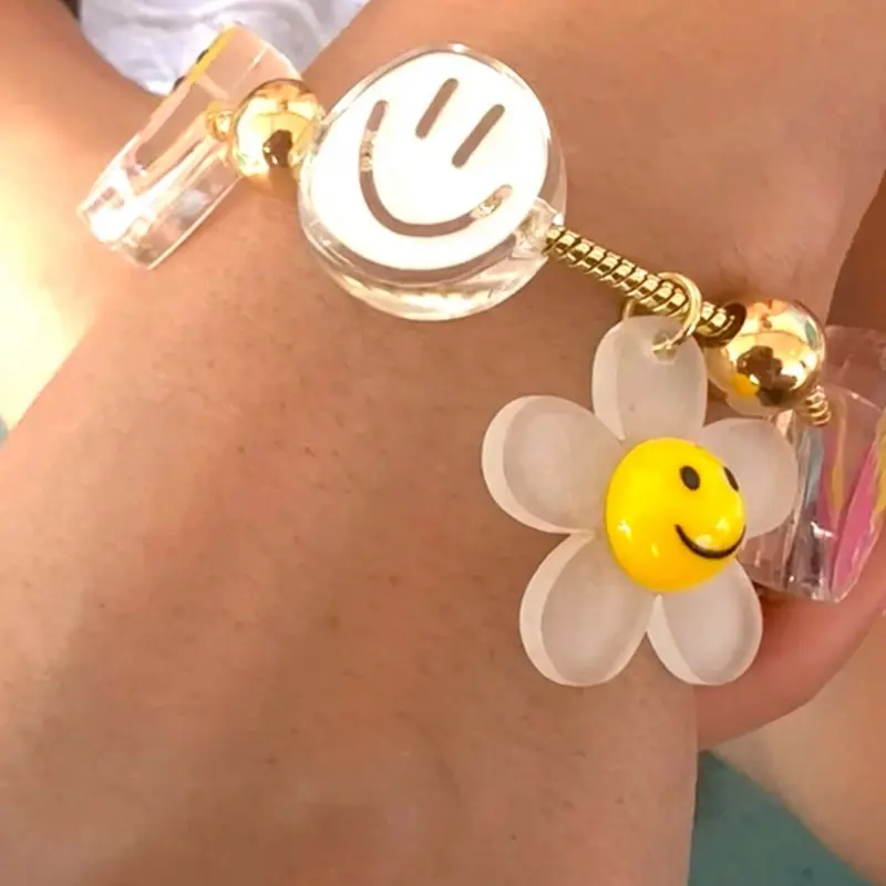 Valmaur Products Super Cute Brass Bracelet with Smile & Flower Charms Light Adjustable Fashion Accessory for Daily Life