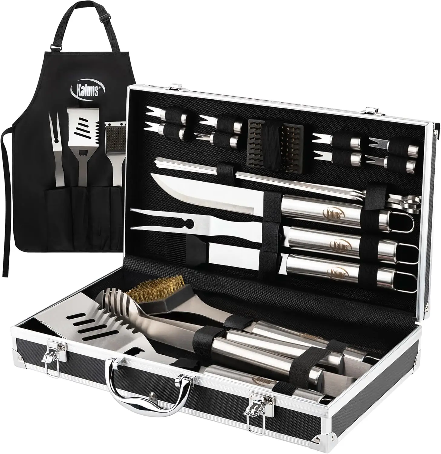 Heavy Duty Stainless Steel BBQ Tool Set for Outdoor Grill with Aluminum Case and Apron