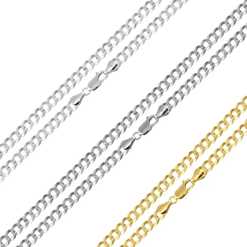 925 Silver Gold-Plated 4.7mm Super Flat Curb Chain, Durable Hollow Design with Cubic Zirconia Diamond Accents for Daily Wear