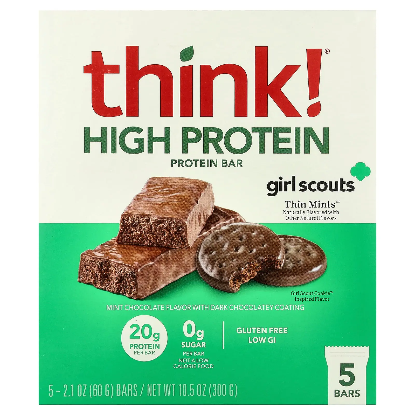 Think ! High Protein Bars, Thin Mints™, 5 Bars, 2.1 oz (60 g) Each Think ! High Protein Bars, Thin Mints™, 5 Bars, 2.1 oz (60 g) Each