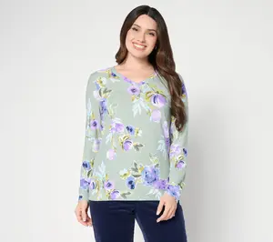 Denim & Co. Printed Heavenly Jersey V-Neck Pullover