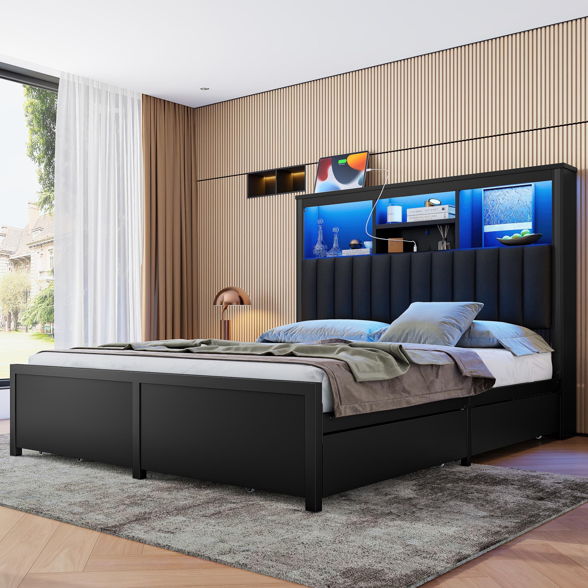 King Size Platform Bed Frame with Tall Storage Headboard and 4 Storage Drawers，Metal Platform Bed with LED Light and Charging Station for Small Space Bedroom Living Room No Box Spring, Black