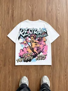 Trendy Men's Oversized Cupid Graphic T-Shirt, 2025 Retro Graffiti Streetwear Crew Neck Short Sleeve Tee, "Restrain Explore" Faith Print Casual Top for Y2K Hip Hop & Street Style Outfits #MensOversizedTee #GraffitiStreetwear #CupidFashion