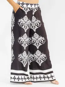 PLUS SIZE ELASTIC WAIST 2/POCKETS WIDE LEG PALAZZO PANTS-BLACK/WHITE-00