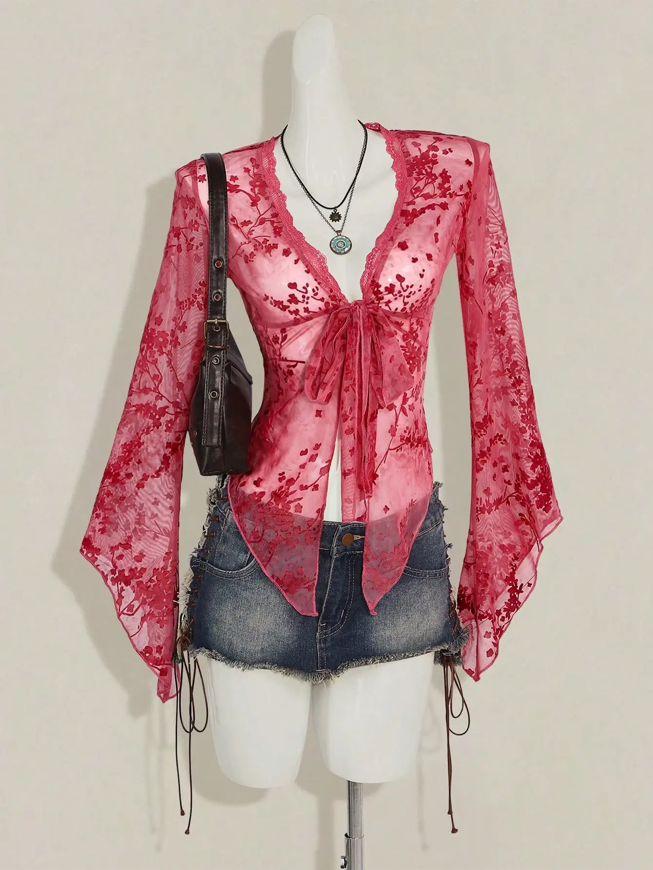 LALUZ Flare Sleeve Asymmetrical Hem Vintage Flocked Mesh Sheer Cardigan Tie Front Blouse Womens Cowgirl Style