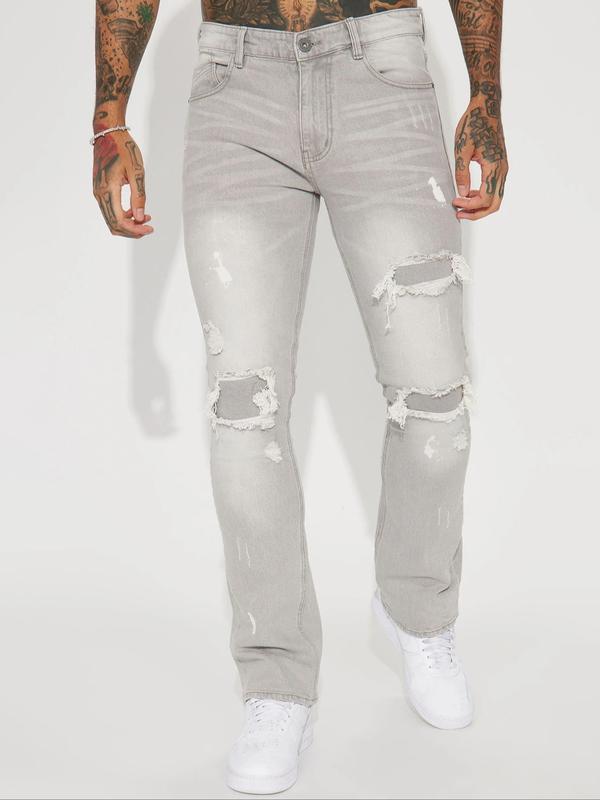 Men's Loose Straight Leg Denim Jeans, All-Season Street Style Business Jeans, Casual Ripped Design, Long Trousers for Men