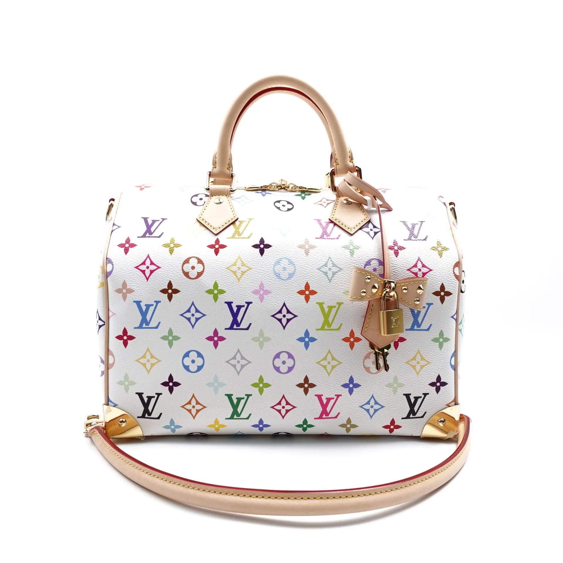 Pre-owned Louis Vuitton Coated Canvas Shoulder Bags Speedy Trunk 30 Murakami White Shoulder Bag T10432130