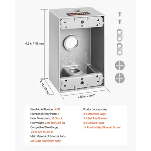 VEVOR Outdoor Electrical Box, 4.5x 2.8x 2 in, Weatherproof Outlet Junction Box, Suitable 1/2-Inch or 3/4-Inch Electrical Conduit, 18.3 Cu. In Large Capacity Plug Receptacle Protector, 4PCS, Gray