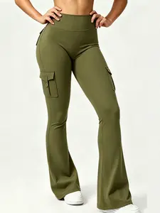 Women's High Waist Gathered Flare Pants, Side Pocket Integrated Front Open Pants, Flexible Soft Joggers for Yoga, Fitness, Everyday Wear