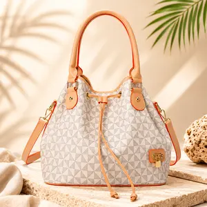 Trendy Women's Geometric Bucket Bag Chic Drawstring Handbag for Daily Style