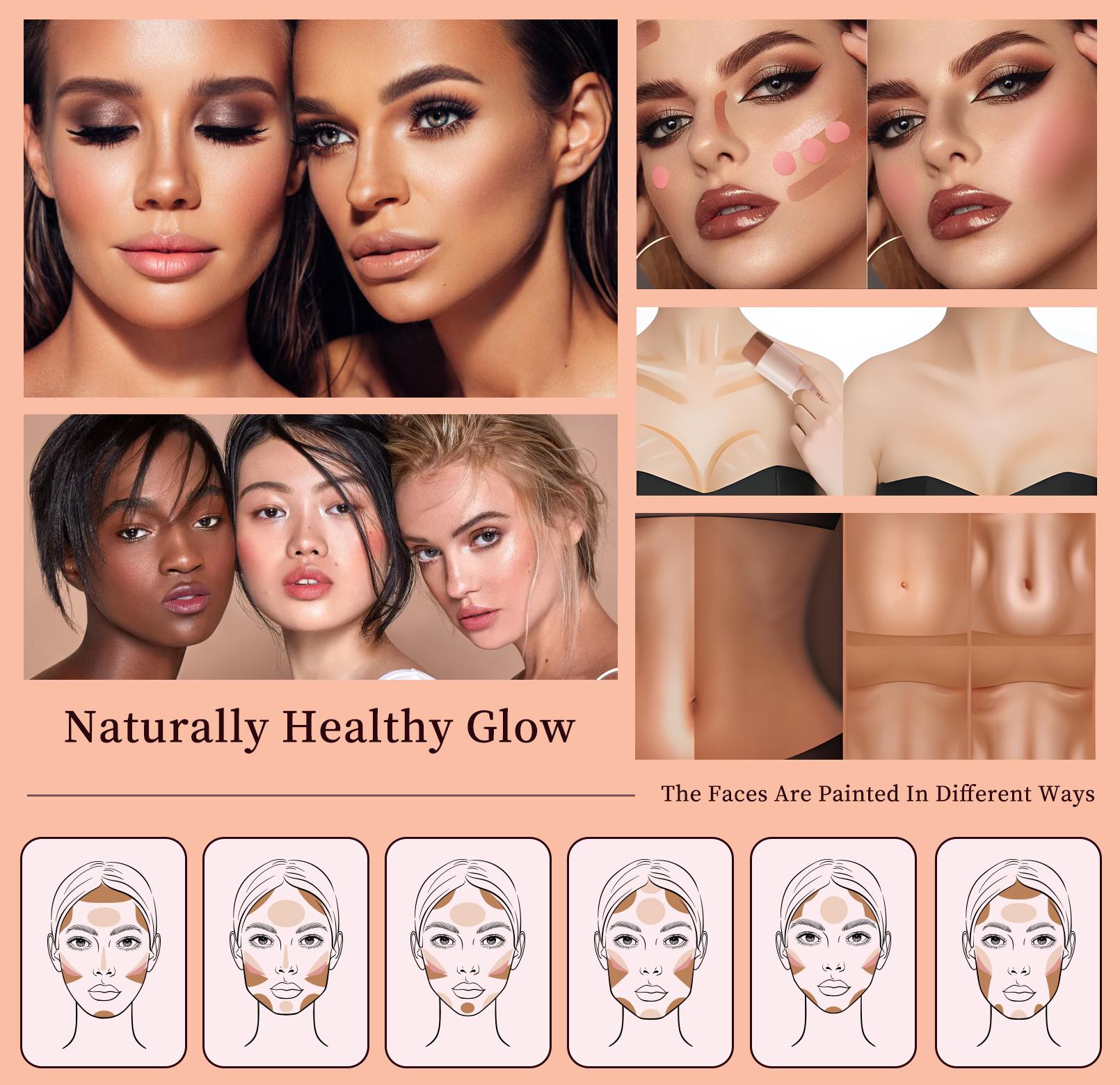 HelloKiss 3-Piece Contour Stick Set Highlight Contour Blush Stick Cream Blush for All Skin Tones Makeup Cosmetic Long-Lasting Transfer-Proof Buildable Formula - Blend, Brush