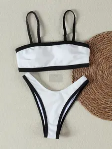 Women's 2-Piece Polyester Swimsuit Bikini Set - Square Neck, Contrast Trim, High Cut, Tummy Control, Slimming Fit, Stretch Fabric, Standard Sizes Beach Swimwear