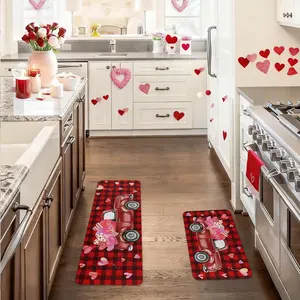 2/3pcs Valentine's Day kitchen carpet floor mat, Kitchen rugs sets, romantic pink water buffalo checkered printed floor mat, soft flannel non slip carpet, bathroom entrance, laundry room decoration floor mat
