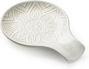 Ceramic Spoon Rest for Stove Top 7.48 Inches Spoon Holder for Kitchen Counter Off White Dishwasher Safe Decorative Floral Design