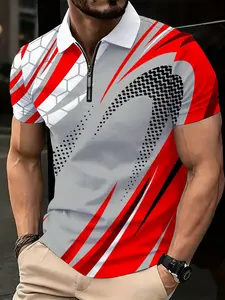 New men's zip-up knit casual shirt with short sleeves, red, white, and gray geometric texture dynamic line print, half-zip golf shirt, suitable for light sports and a lively street style
