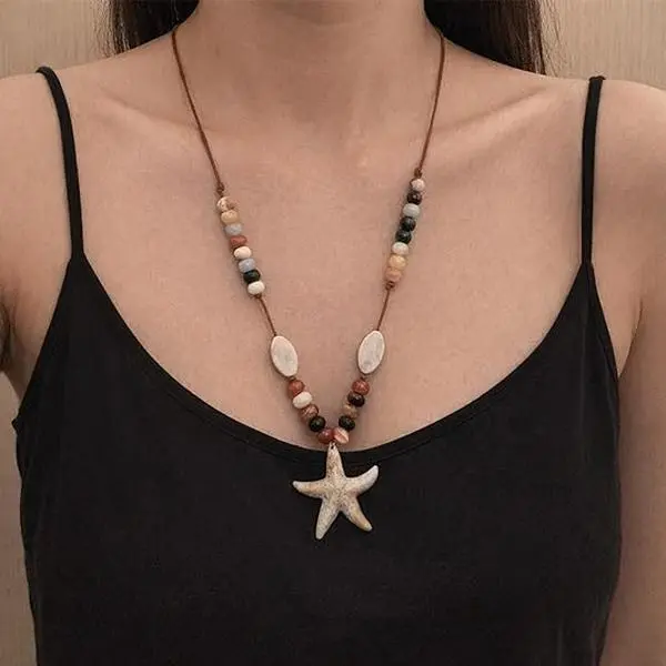 BloomWish S Starfish Necklace Long Summer Sea Shell Pendant Necklace Beach Outfits for Women Seashell Accessories Tropical Vacation Outfits for Women