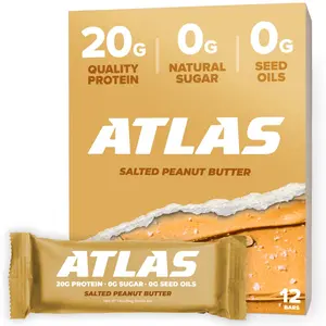 Atlas Bar – 20g Protein, 1g Sugar, 0g Seed Oils, 0g Artificial Sweeteners (Salted Peanut Butter, 36 Count)