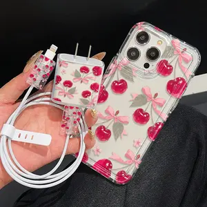 Floral Bow Cherry Pattern Phone Case Set, Data Line Protector & Fast Charging Adapter Cover, Compatible with iPhone Models 11-16 Series