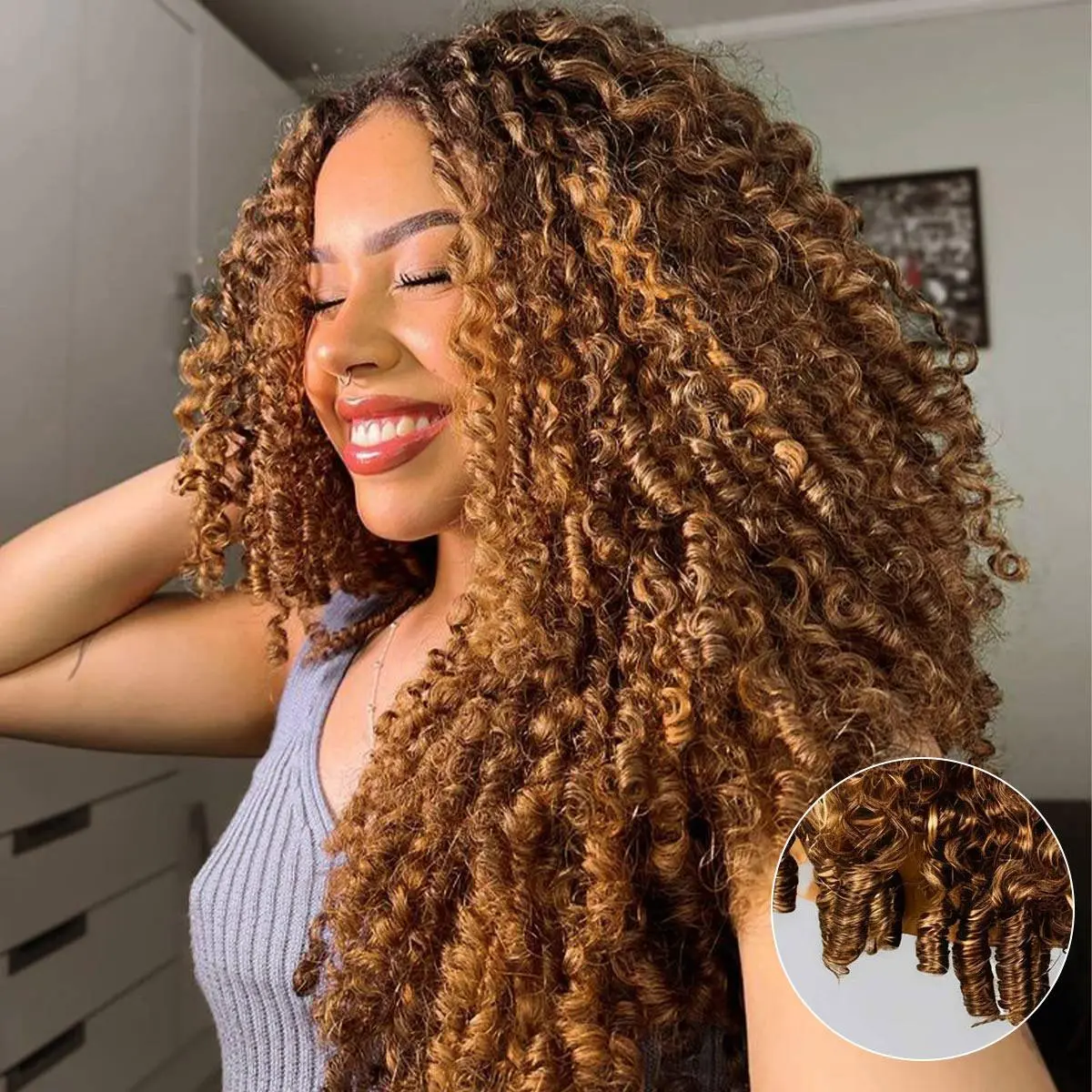 OQHAIR 4/27 Highlight Brown Burmese Curly Wear Go Half Wig 250% Density 3 IN 1 Seamless Flip Over Wig Glueless Human Hair Wear Go Wigs With Drawstring Invisible Hairline for Beginner Friendly Vacation Hair Wigs #TikTokShopFallDealsForYou
