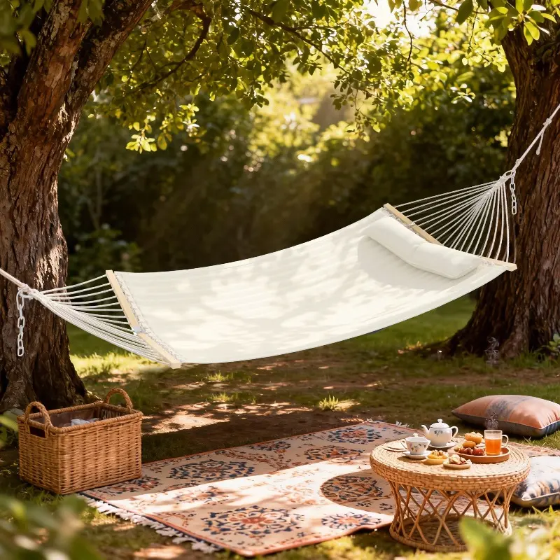 Outdoor Rope Hammock, Portable Anti-Tipping Hammock in Multiple Color Options, Hand-Woven Durable Ropes for Backyard, Beach & Poolside, Navy Blue, Blue Stripes, Red Stripes, Green Stripes, Gray Floral, Off-White