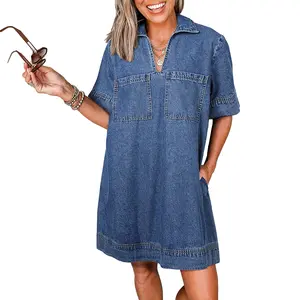 Mntaor Dresses for Women Blue Short Sleeve Collared Patched Pocket Denim Mini Dress with Stylish Pockets