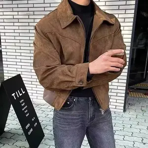 Autumn Winter Korean Style Men's Loose Fit Chamois Leather Flight Jacket Casual Trendy Lapel Zippered Hooded Warm Comfortable Ou