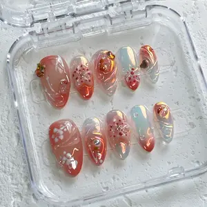 [Peach Mirage] Medium Almond Handmade Press on Nails, Fake Nails with Nail tool kit with Jelly Stickers, Reusable, Durable