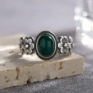 Vintage And Unique Thai Silvery Open Ring Set With Natural Peacock Stone Inlaid In 925 Sterling Silver
