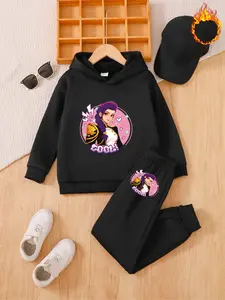 Girls Long Sleeve Fleece Witch Hunter Corps Set, Hooded Sweatshirt with Hair Cartoon Girl, Casual Fall & Winter
