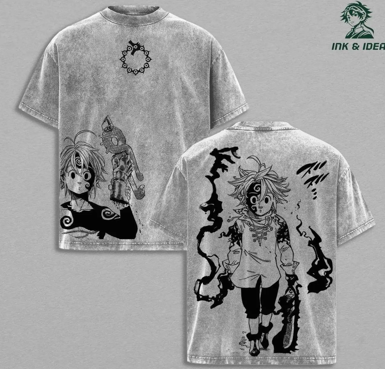 Meliodas Demon Form T-Shirt – Seven Deadly Sins Vintage Washed Oversized Anime Tee, Heavy Cotton Double Printed Graphic, Dark Aura Retro Streetwear Top, Unisex Gift for Anime & Manga Fans I56 573