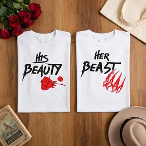 [100% Cotton] Her Beast His Beauty T-shirt, Matching Couple Tee, Funny Beast Beauty Couple Easter Bunny Graphic Shirt, Cute Romantic Couple Outfit, Trendy Easter Lovers Gift For Boyfriend Girlfriend.