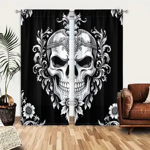 Temu Black White Gothic Skull Floral Pattern Curtain 2 Panels Set, Intricate Ornate Skull Decorative with Floral Vine Motifs, Tattoo-Inspired Symmetrical Design Window Drapes for Bedroom Living Room, 52x84 Inch