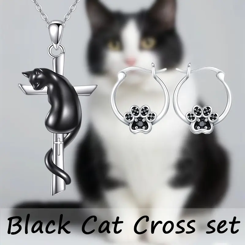 Gothic 3-Piece Costume Jewelry Set - Alloy Metal Animal Motif Cat Cross Necklace & Paw Earrings, Matching Jewelry Set for Halloween, Daily Wear, Cute Gothic Gift, Jewelry Sets